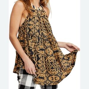 Free People Women’s Mimi Halter Tunic Tank Top Size S Mustard Black Print